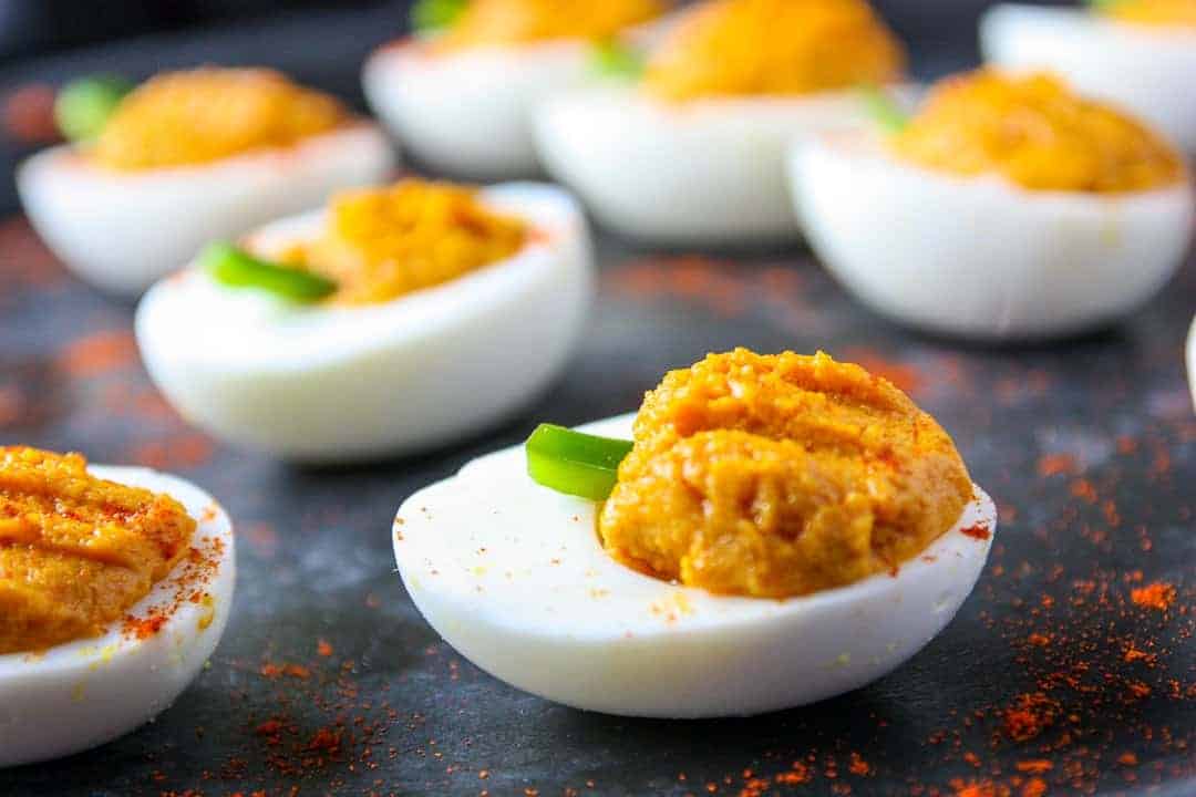 A close up of a deviled egg