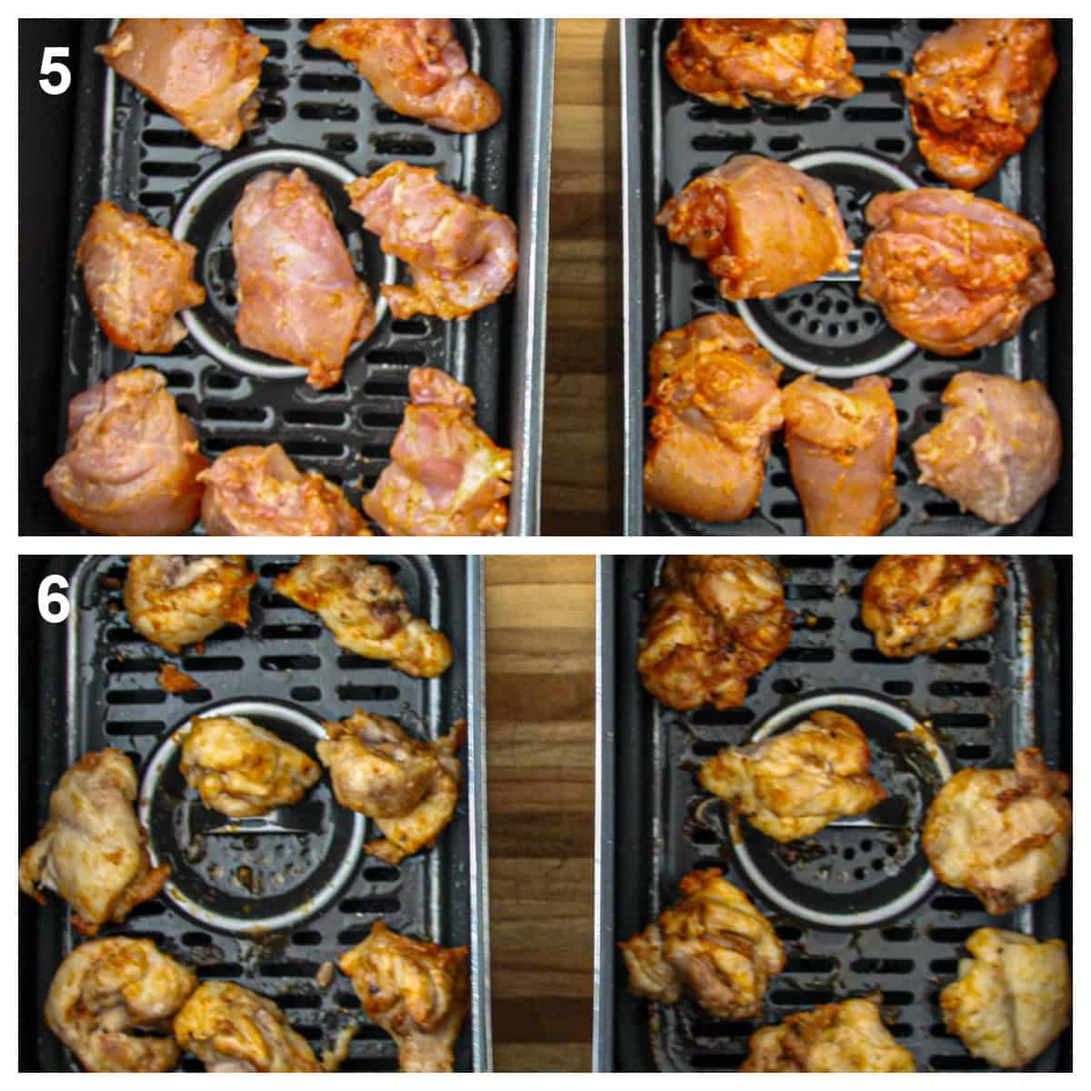 The chicken pieces in the air fryer basket shown before and after cooking.